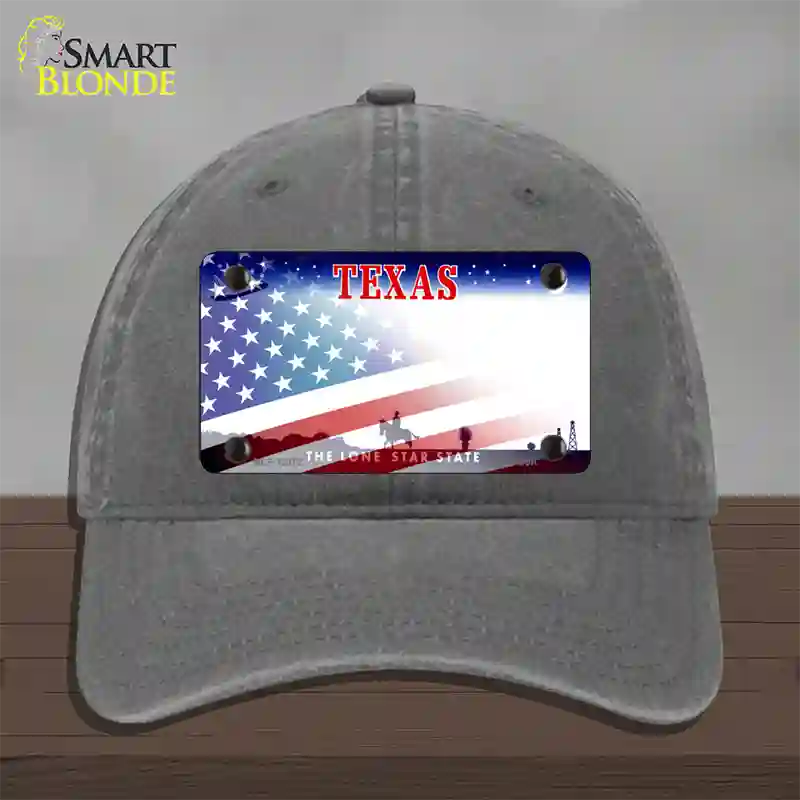 Texas with American Flag Novelty License Plate Hat Unconstructed Cotton / Charcoal