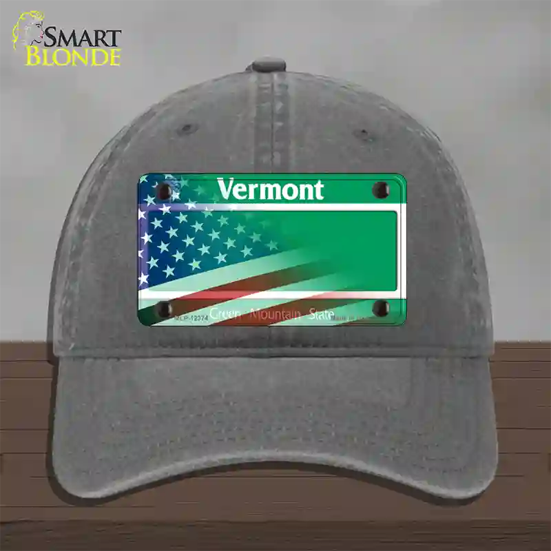 Vermont with American Flag Novelty License Plate Hat Unconstructed Cotton / Charcoal