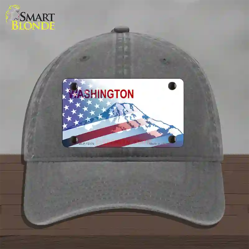 Washington with American Flag Novelty License Plate Hat Unconstructed Cotton / Charcoal