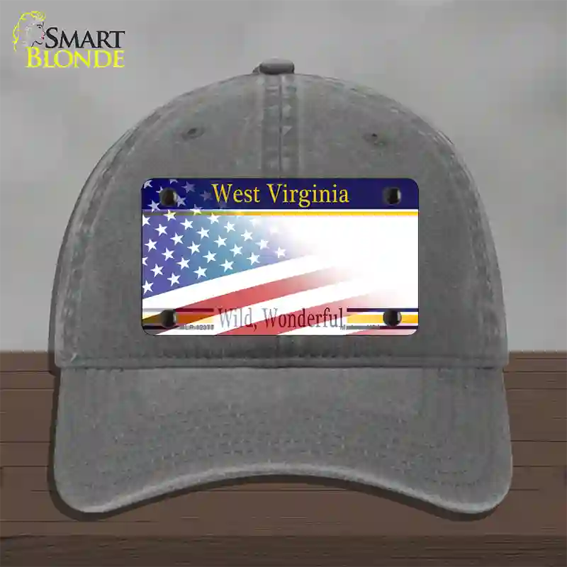 West Virginia with American Flag Novelty License Plate Hat Unconstructed Cotton / Charcoal