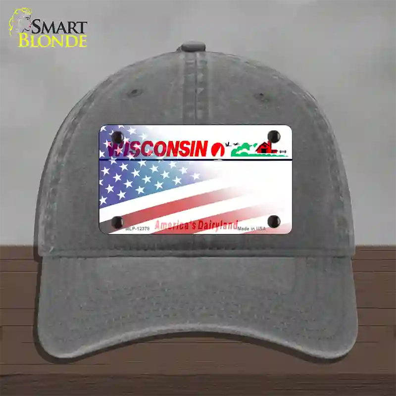 Wisconsin with American Flag Novelty License Plate Hat Unconstructed Cotton / Charcoal