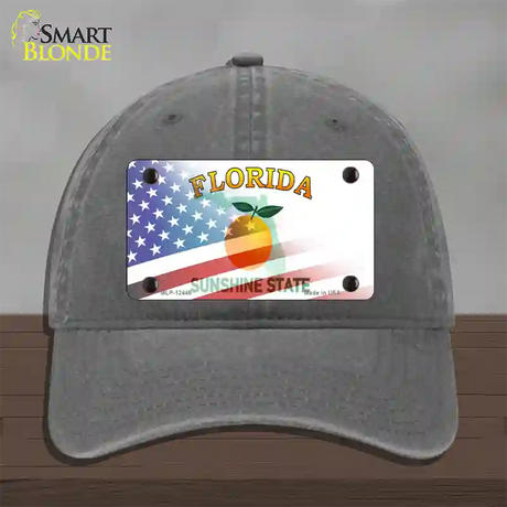 Florida Orange with American Flag Novelty License Plate Hat Unconstructed Cotton / Charcoal