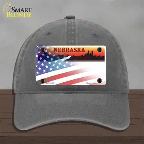 Nebraska Amber with American Flag Novelty License Plate Hat Unconstructed Cotton / Charcoal