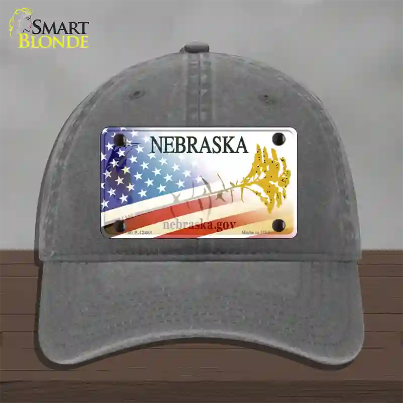 Nebraska Plate American Flag Novelty License Plate Hat Unconstructed Cotton / Charcoal