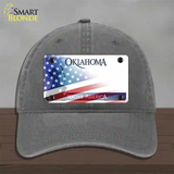 Oklahoma Bow with American Flag Novelty License Plate Hat Unconstructed Cotton / Charcoal