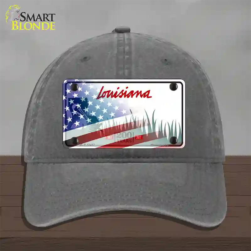 Louisiana 200 Years with American Flag Novelty License Plate Hat Unconstructed Cotton / Charcoal