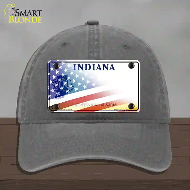 Indiana Bicentennial with American Flag Novelty License Plate Hat Unconstructed Cotton / Charcoal