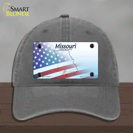 Missouri Show Me with American Flag Novelty License Plate Hat Unconstructed Cotton / Charcoal