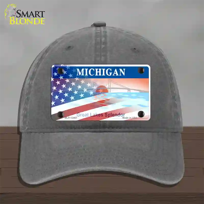 Michigan Splendor with American Flag Novelty License Plate Hat Unconstructed Cotton / Charcoal