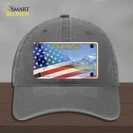 Wyoming State with American Flag Novelty License Plate Hat Unconstructed Cotton / Charcoal