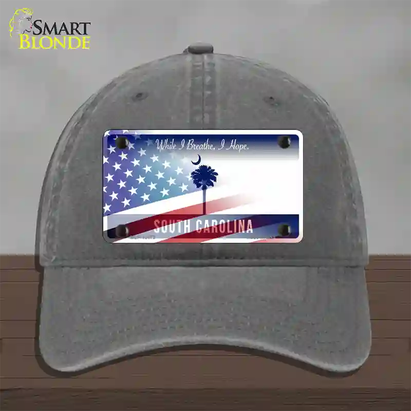 South Carolina Blue with American Flag Novelty License Plate Hat Unconstructed Cotton / Charcoal