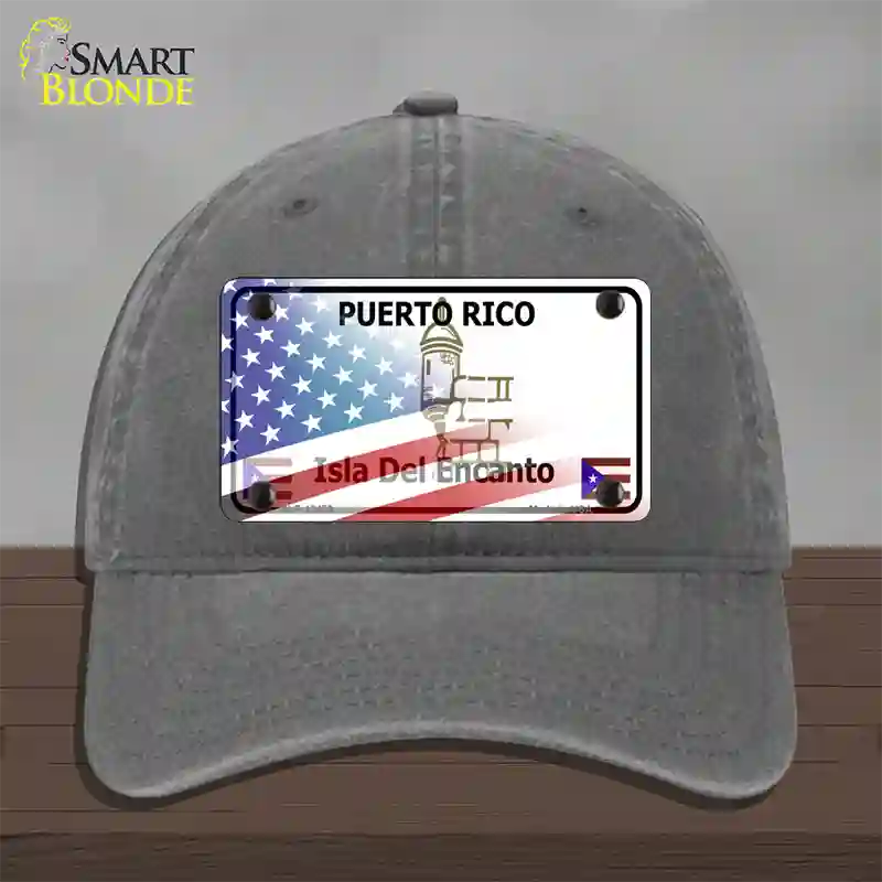 Puerto Rico with American Flag Novelty License Plate Hat Unconstructed Cotton / Charcoal