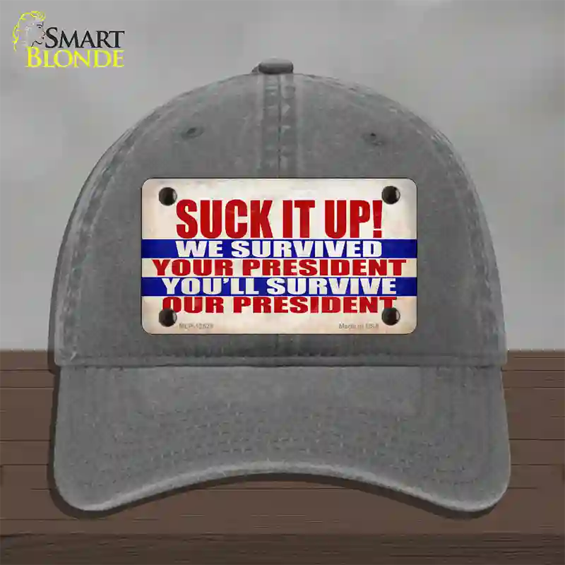 Suck It Up We Survived Novelty License Plate Hat Unconstructed Cotton / Charcoal