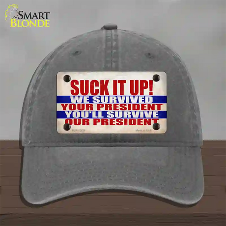 Suck It Up We Survived Novelty License Plate Hat Unconstructed Cotton / Charcoal