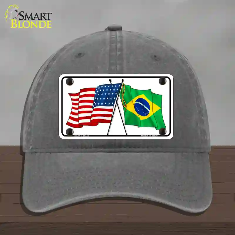 Brazil USA Crossed Flags Novelty License Plate Hat Tag Unconstructed Cotton / Charcoal