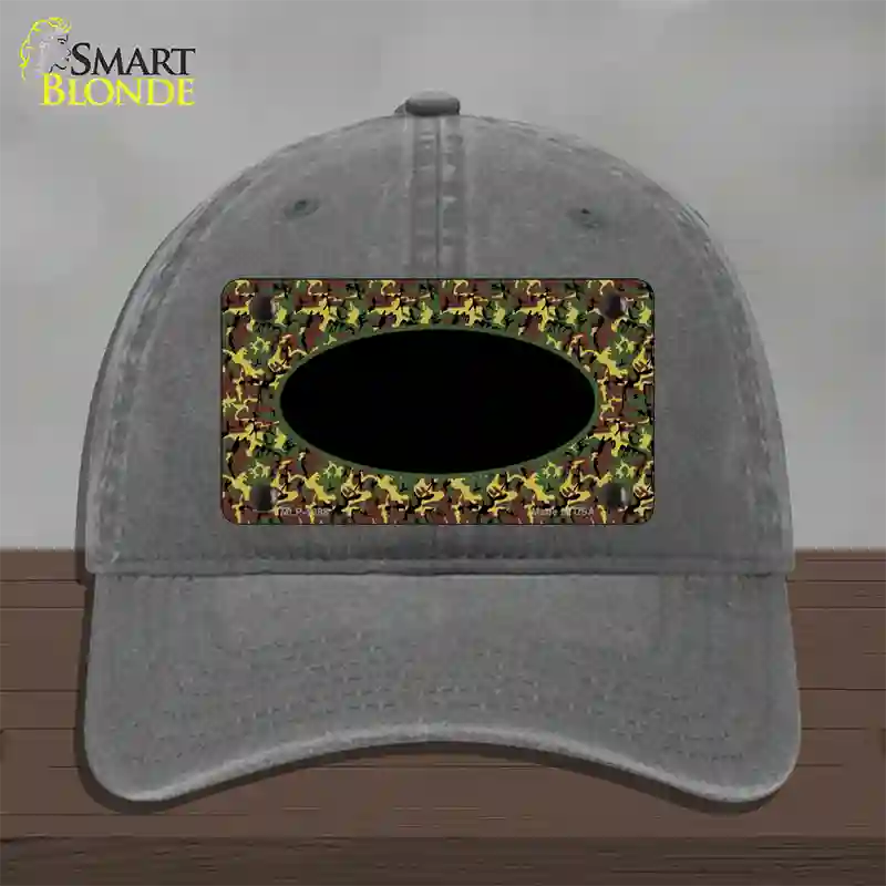 Green Camo Oval With Black Oval Center Novelty License Plate Hat Unconstructed Cotton / Charcoal