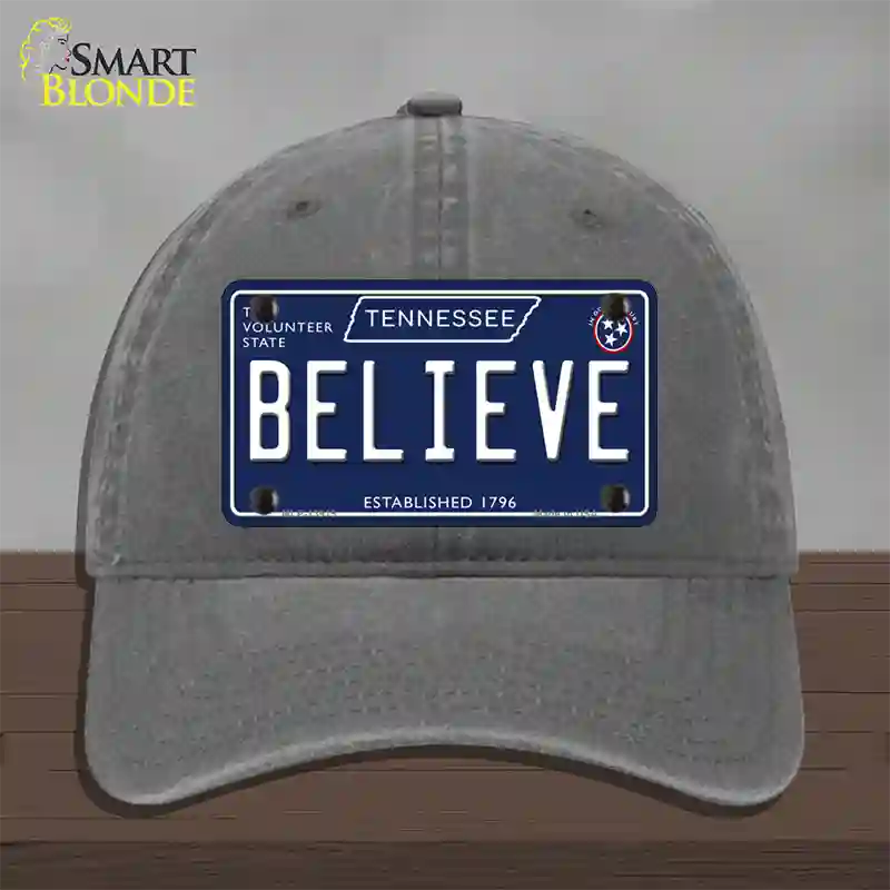 Believe Tennessee Blue Novelty License Plate Hat Tag Unconstructed Cotton / Charcoal