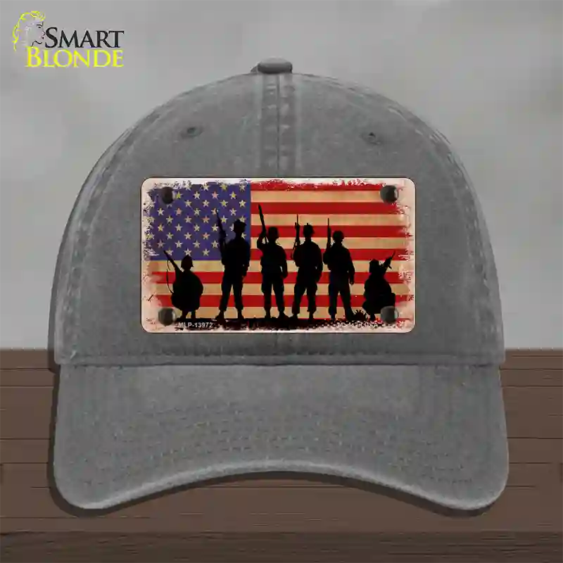 Military Soldiers American Flag Novelty License Plate Hat Tag Unconstructed Cotton / Charcoal