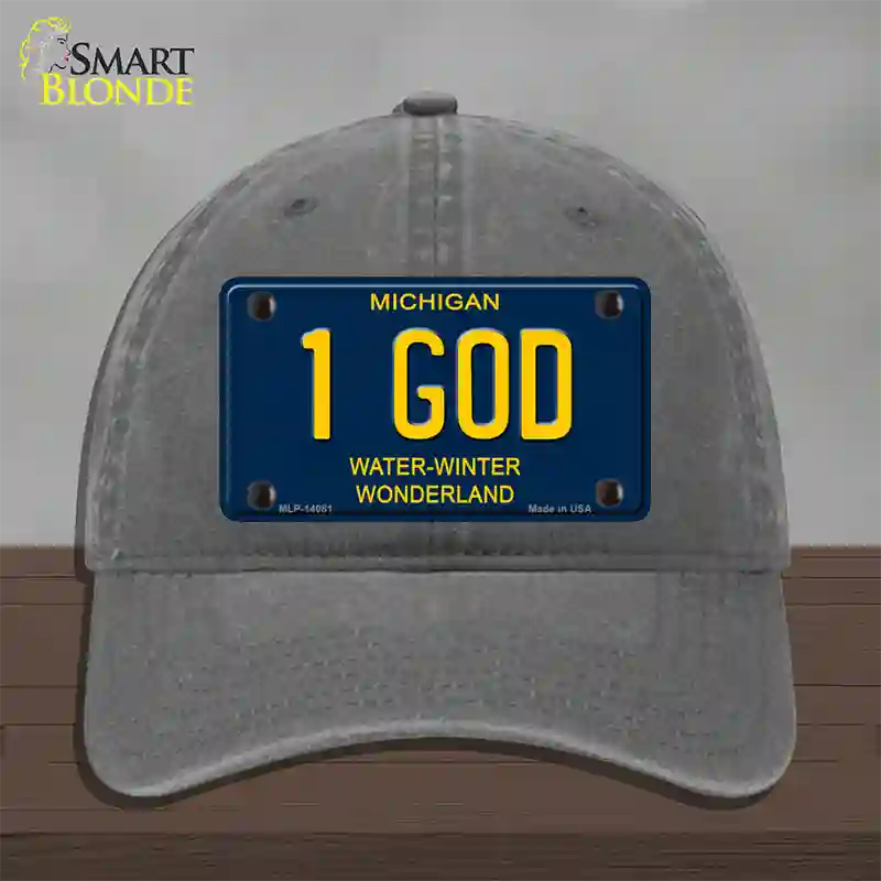 1 God Michigan Blue Novelty License Plate Hat Unconstructed Cotton / Charcoal