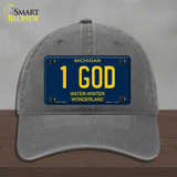 1 God Michigan Blue Novelty License Plate Hat Unconstructed Cotton / Charcoal