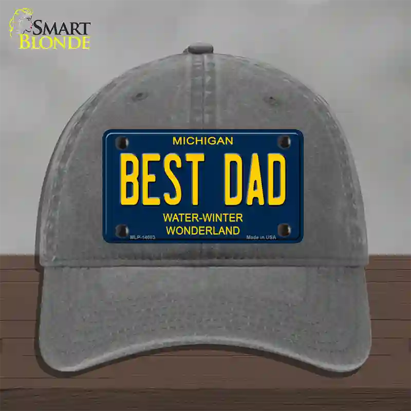 Best Dad Michigan Blue Novelty License Plate Hat Unconstructed Cotton / Charcoal