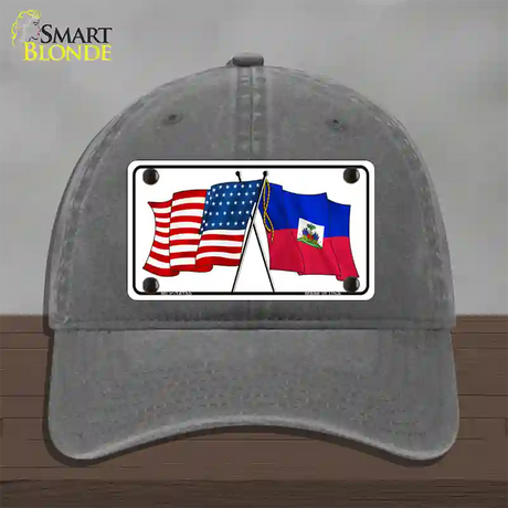 Haiti Crossed US Flag Novelty License Plate Hat Unconstructed Cotton / Charcoal