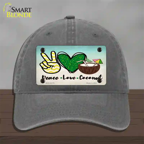 Peace Love Coconut Novelty License Plate Hat Unconstructed Cotton / Charcoal