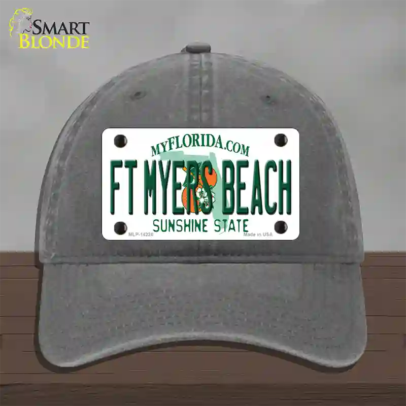 Florida FT Myers Beach Novelty License Plate Hat Unconstructed Cotton / Charcoal