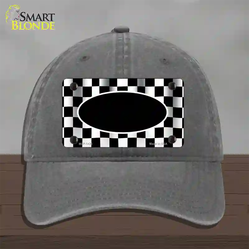 Waving Checkered Flag With Black Center Oval Novelty License Plate Hat Unconstructed Cotton / Charcoal