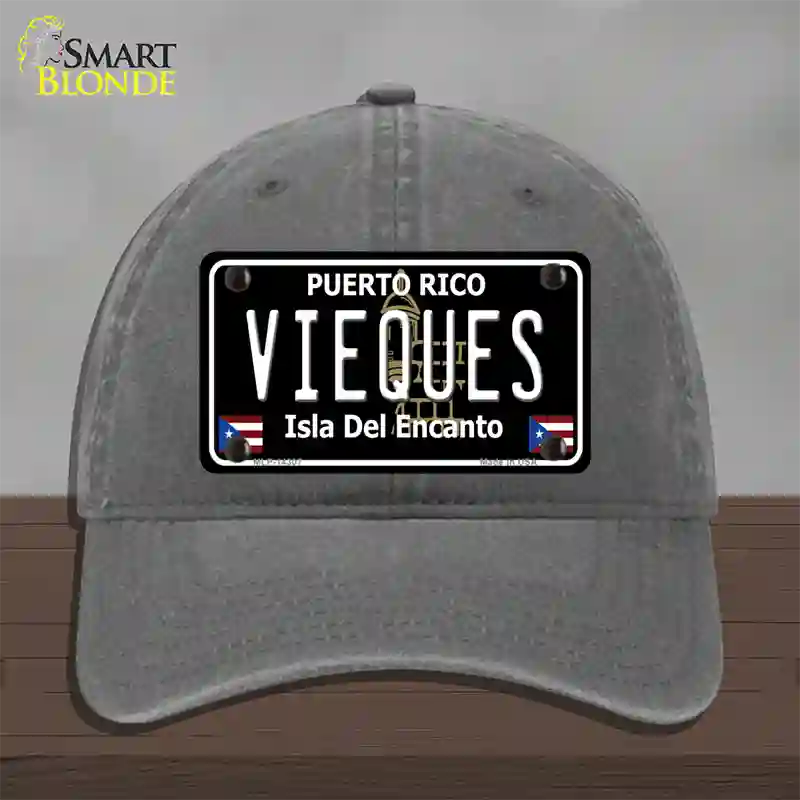 Vieques Puerto Rico Black Novelty License Plate Hat Unconstructed Cotton / Charcoal