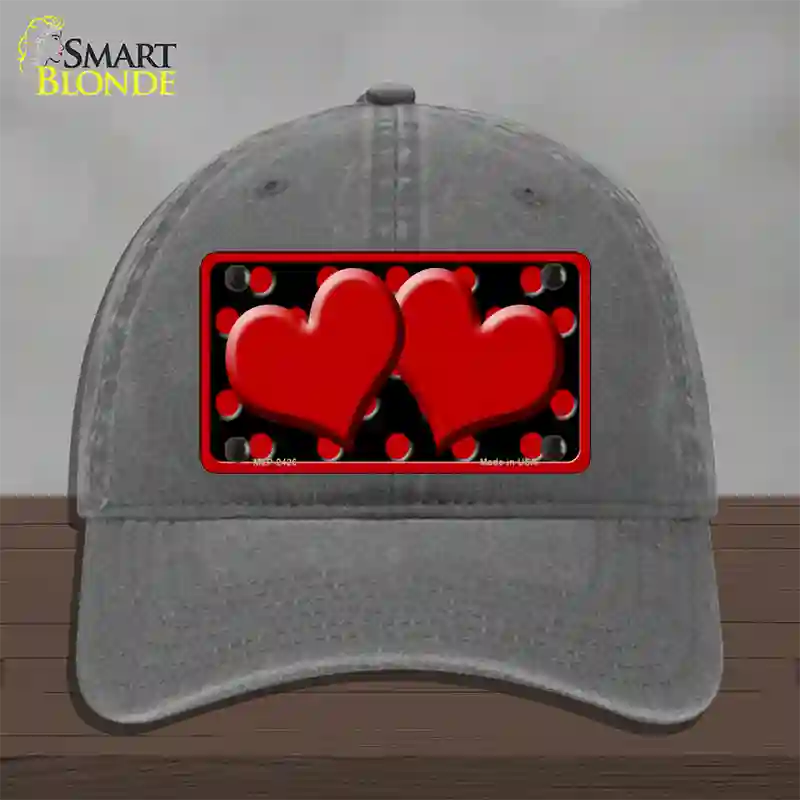 Red Black Polka Dot Red Center Hearts Novelty License Plate Hat Unconstructed Cotton / Charcoal