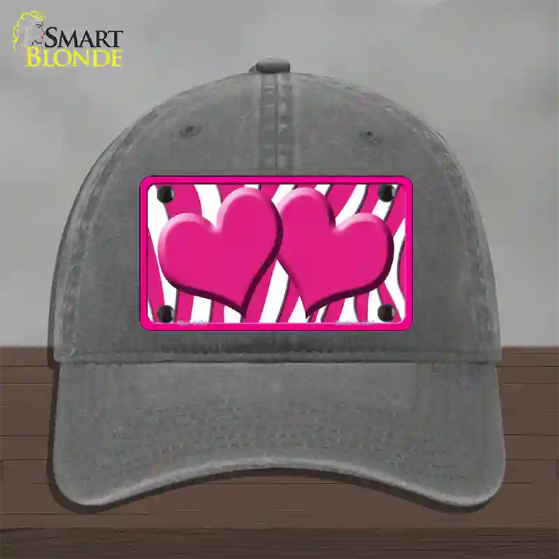 Hot Pink White Zebra Hot Pink Centered Hearts Novelty License Plate Hat Unconstructed Cotton / Charcoal