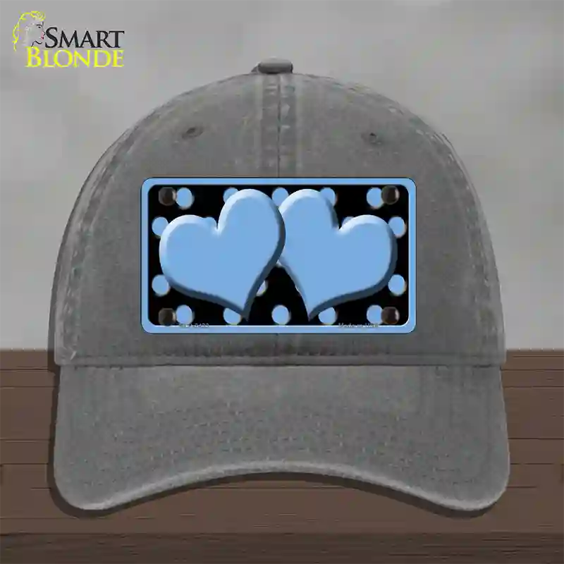 Light Blue Black Polka Dot Light Blue Centered Hearts Novelty License Plate Hat Unconstructed Cotton / Charcoal