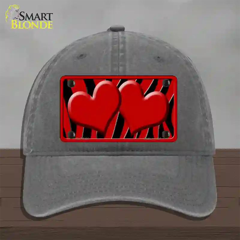 Red Black Zebra Red Centered Hearts Novelty License Plate Hat Unconstructed Cotton / Charcoal