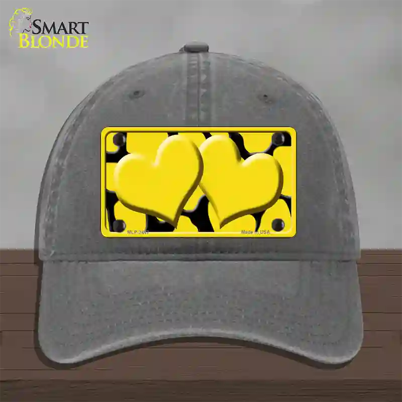 Yellow Black Giraffe Yellow Centered Hearts Novelty License Plate Hat Unconstructed Cotton / Charcoal