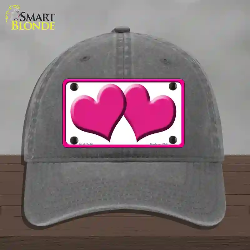 Solid Pink Centered Hearts White Novelty License Plate Hat Unconstructed Cotton / Charcoal