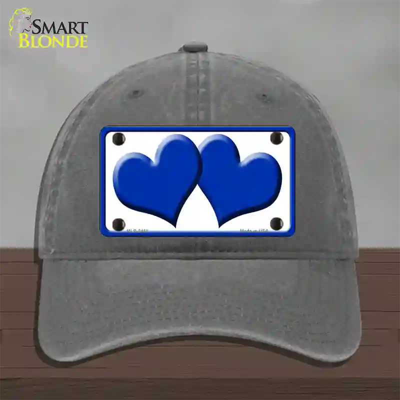 Solid Blue Centered Hearts White Novelty License Plate Hat Unconstructed Cotton / Charcoal