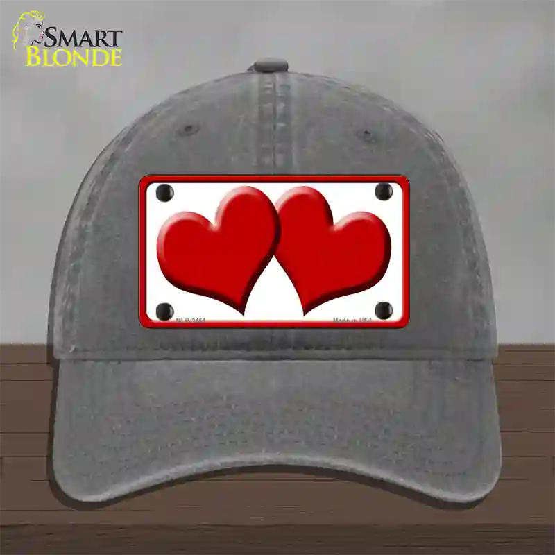 Solid Red Centered Hearts White Novelty License Plate Hat Unconstructed Cotton / Charcoal