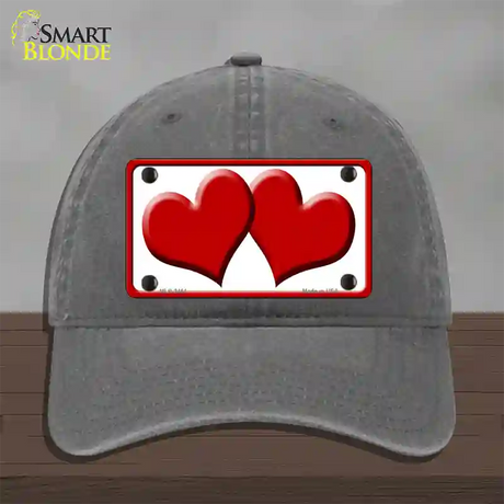 Solid Red Centered Hearts White Novelty License Plate Hat Unconstructed Cotton / Charcoal