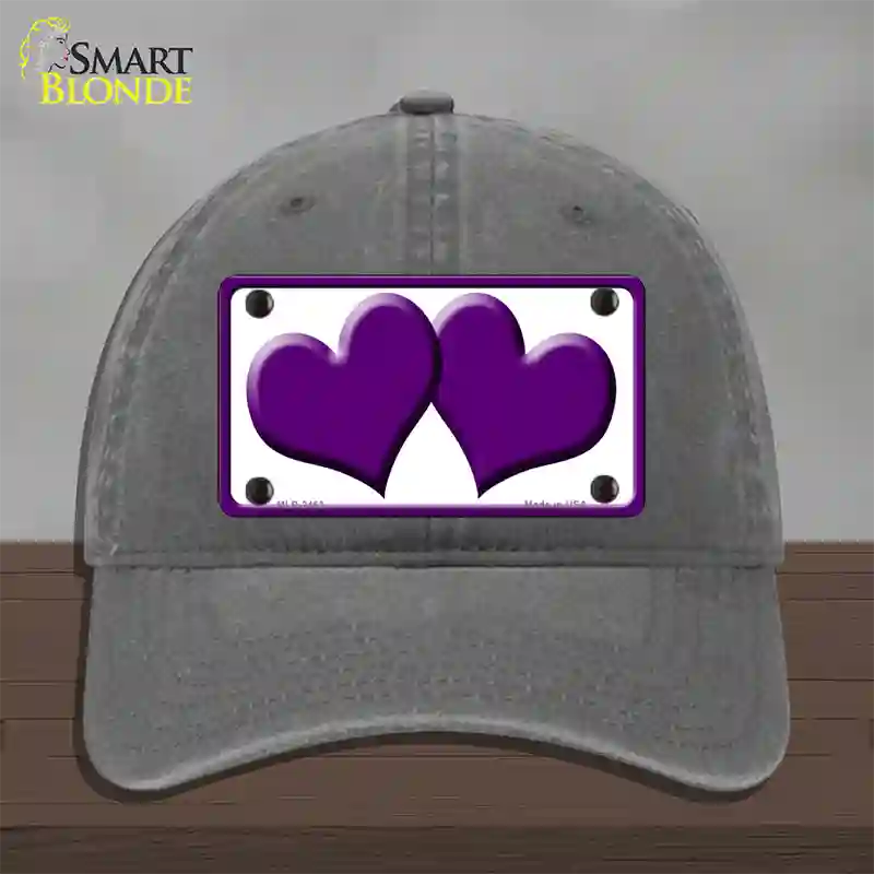 Solid Purple Centered Hearts White Novelty License Plate Hat Unconstructed Cotton / Charcoal