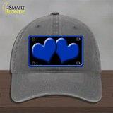 Solid Blue Centered Hearts Black Novelty License Plate Hat Unconstructed Cotton / Charcoal