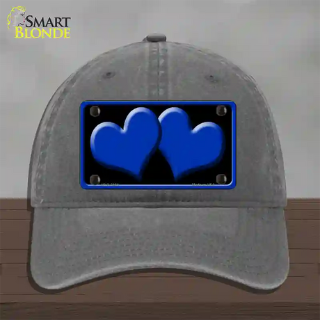 Solid Blue Centered Hearts Black Novelty License Plate Hat Unconstructed Cotton / Charcoal