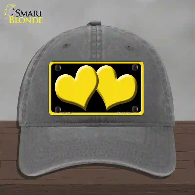 Solid Yellow Centered Hearts Black Novelty License Plate Hat Unconstructed Cotton / Charcoal