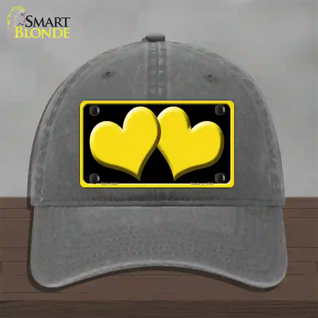 Solid Yellow Centered Hearts Black Novelty License Plate Hat Unconstructed Cotton / Charcoal