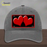 Solid Red Centered Hearts Black Novelty License Plate Hat Unconstructed Cotton / Charcoal