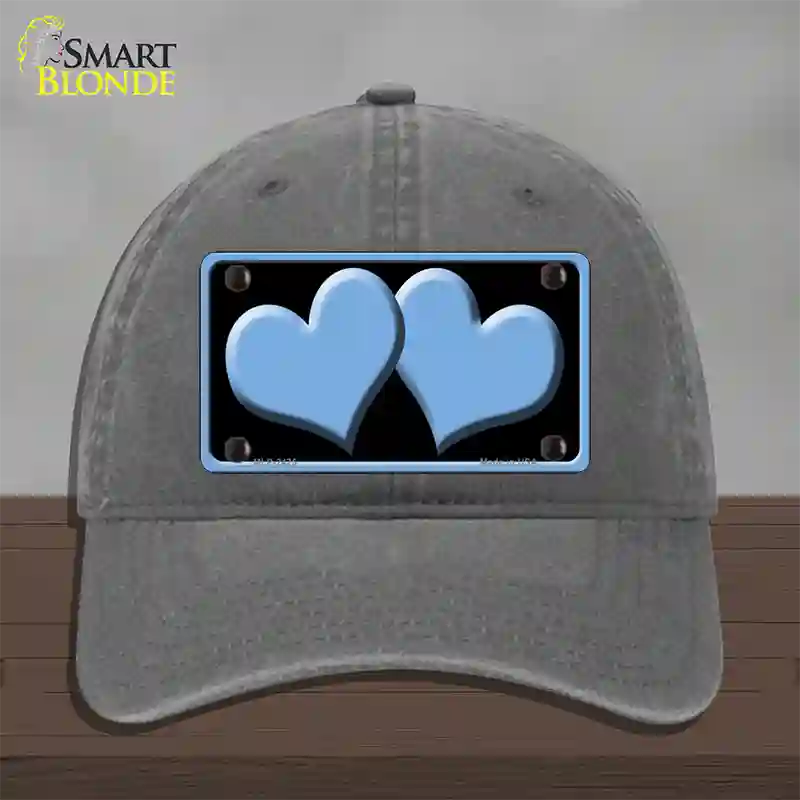 Solid Light Blue Centered Hearts Black Novelty License Plate Hat Unconstructed Cotton / Charcoal