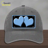 Solid Light Blue Centered Hearts Black Novelty License Plate Hat Unconstructed Cotton / Charcoal