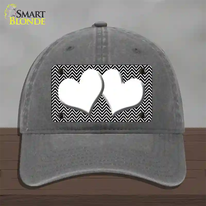 Black White Chevron White Center Hearts Novelty License Plate Hat Unconstructed Cotton / Charcoal