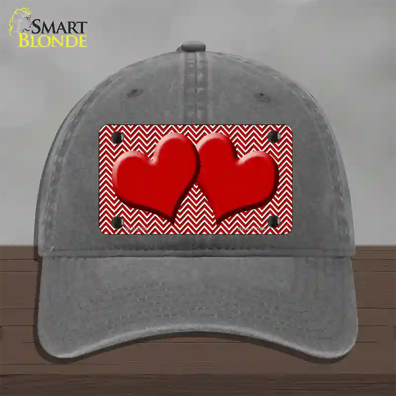 Red White Chevron Red Center Hearts Novelty License Plate Hat Unconstructed Cotton / Charcoal