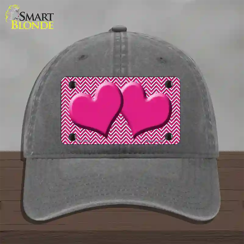 Pink White Chevron Pink Center Hearts Novelty License Plate Hat Unconstructed Cotton / Charcoal